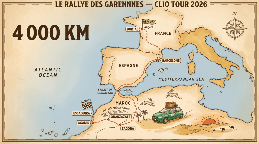 Carte du parcours du Rallye des Garennes : Durtal → Barcelone → Essaouira